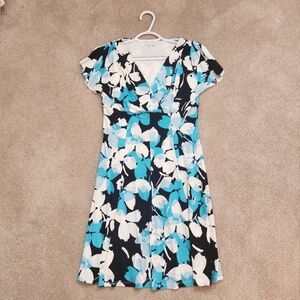 London Times Petite Floral Dress - Black, White, Blue, Size 4P